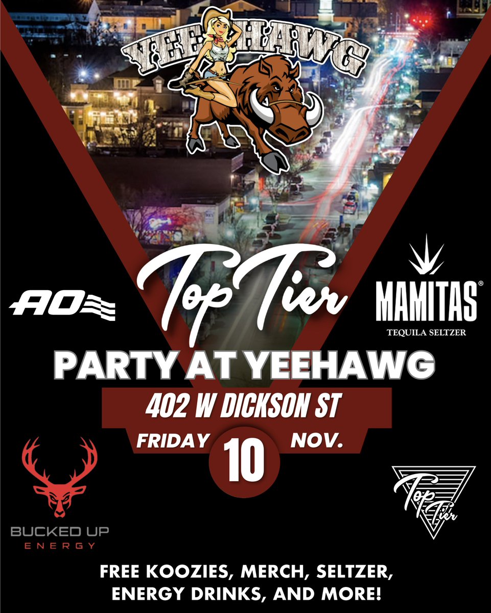 TopTierBack9's tweet image. Join us tonight at Yeehawgs on Dickson St! Free Top Tier merch, drinks, and more! Come hang out with us