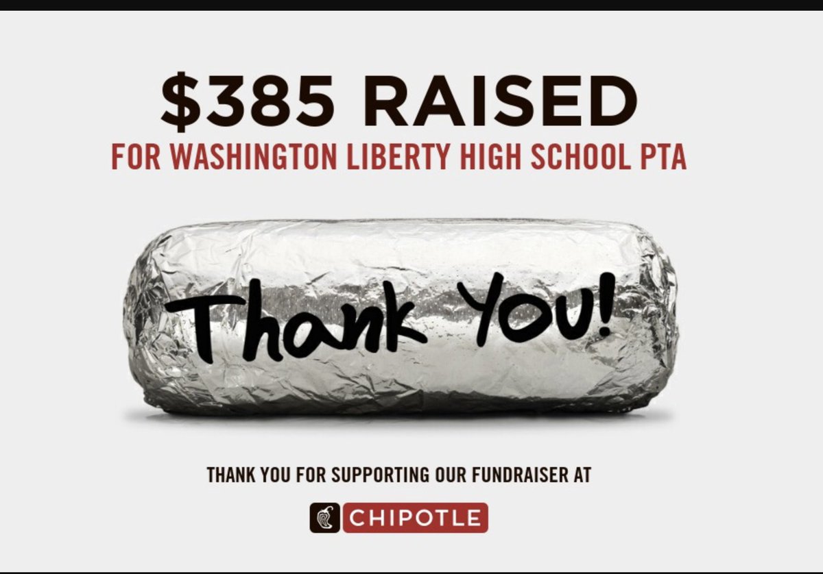 Every bite helps! Thanks to everyone who ate at <a href="/ChipotleTweets/">Chipotle</a> in Ballston this Tuesday for our PTA fundraiser! Look out for another dine out night soon! <a href="/GeneralsPride/">Washington-Liberty HS</a>