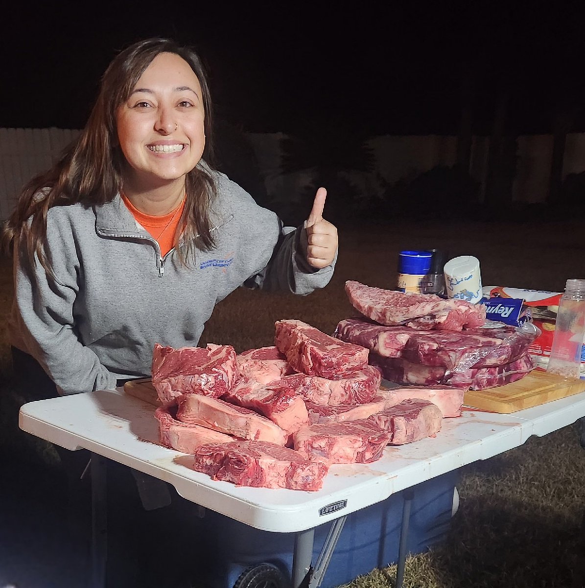 The first developmental programming experiment of <a href="/LHaimon/">Lané Haimon, PhD</a> at <a href="/uf_ansci/">UF IFAS Animal Sciences Dept.</a> has come to an end. Last night we celebrated with the crew at <a href="/ufifasnfrec/">UF IFAS NFREC</a> who took such good care of the cattle. Shown here are Lane and Mark Foran. Some steaks are from choline steers &amp; some from vehicle.