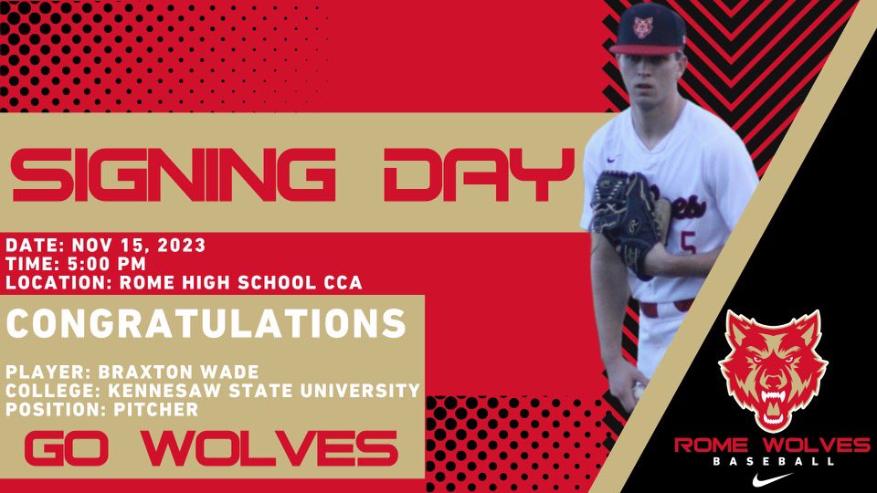 Rome Wolves Baseball (@romewolves) on Twitter photo Everyone is invited to Celebrate <a href="/BridgesBryson/">bryson bridges</a> and <a href="/BraxtonWade5/">Braxton Wade</a> as they sign their letter of intent to play college baseball!
When? - Wednesday, Nov 15 @ 5:00pm
Where?- Rome High School in the CCA (College and Career Academy)
Hope to see everyone there!
Go Wolves! Everyone is invited to Celebrate <a href="/BridgesBryson/">bryson bridges</a> and <a href="/BraxtonWade5/">Braxton Wade</a> as they sign their letter of intent to play college baseball!
When? - Wednesday, Nov 15 @ 5:00pm
Where?- Rome High School in the CCA (College and Career Academy)
Hope to see everyone there!
Go Wolves!