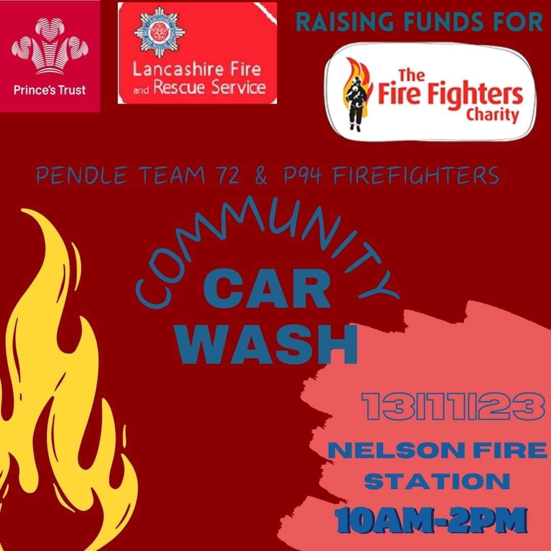 "Come support the firefighters and the pendle princes trust in raising money for the firefighters charity on Monday for a car wash"