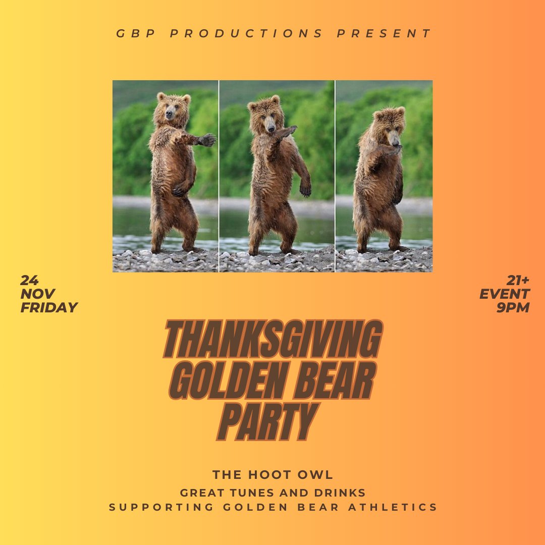 GoldenBearParty's tweet photo. Snow starts flying can mean only one thing...it's Golden Bear Party season!!! Dust off your most fly dance moves and help us raise money for the Golden Bears! Friday November 24th 9pm at The Hoot #GoldenBears #ChosenOnes #DoomRoom #TheHootOwl #DannyFayOurHero #stretchthosehammies https://t.co/7dRdUkEka2