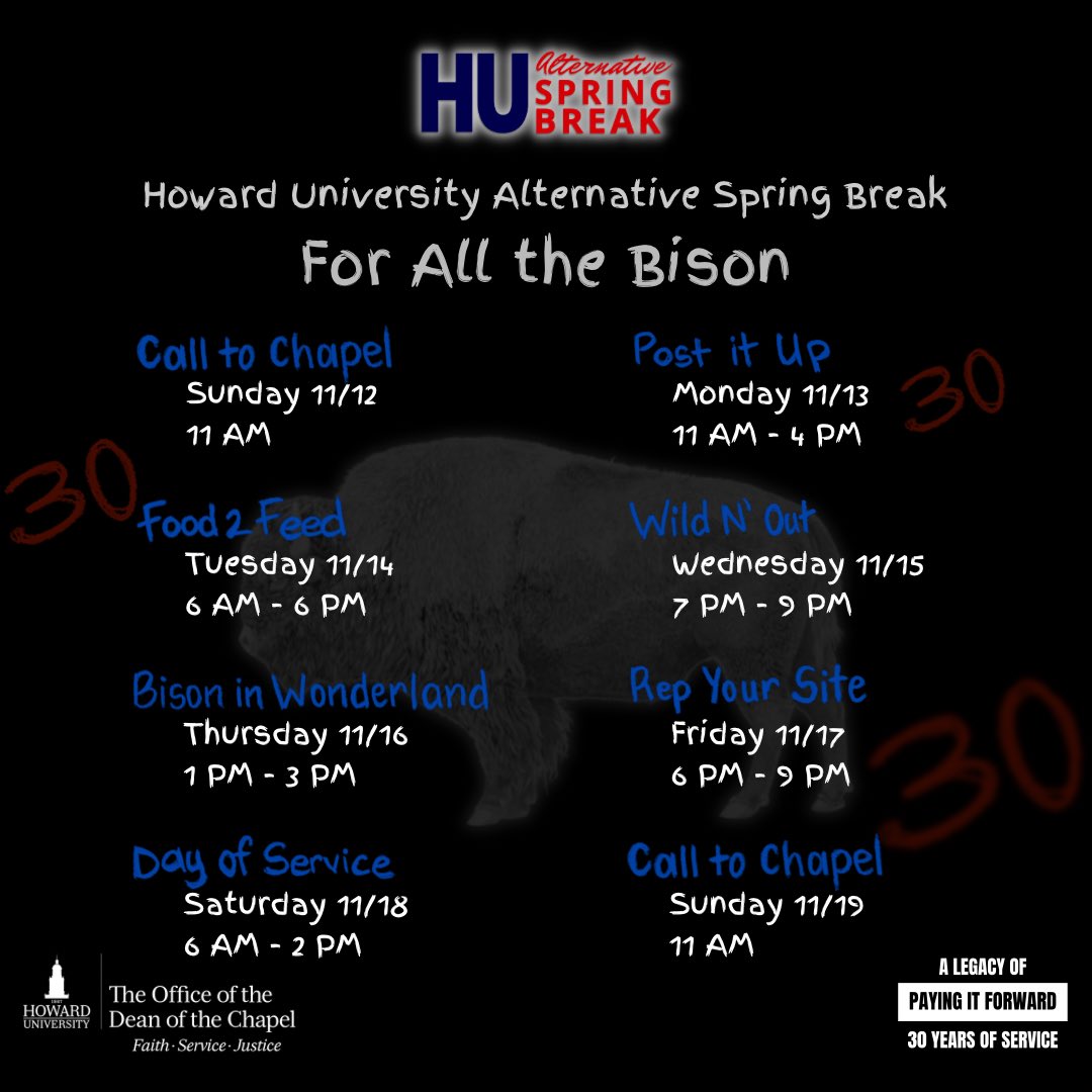 HUASB Week presents a great opportunity for the entire Howard community to engage in service and community building with <a href="/huasb/">Howard University Alternative Spring Break</a>. 

Swipe to see this year’s HUASB Week tracklist. This HUASB Week is For All the Bison!❤️🦬

#HUASB24 #FathServiceJustice #BisonServe #30YearsofService