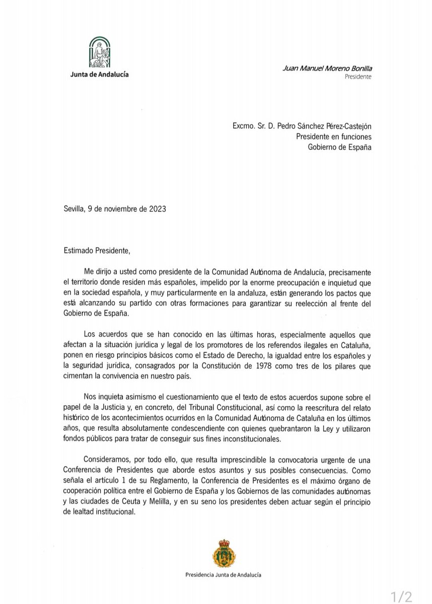 JuanMa_Moreno's tweet image. He reclamado a Sánchez la convocatoria de una Conferencia de Presidentes. Nos inquietan las consecuencias de los acuerdos alcanzados y pido que no los lleve adelante.

Nadie puede quebrar principios básicos como la igualdad entre españoles o la separación de poderes.