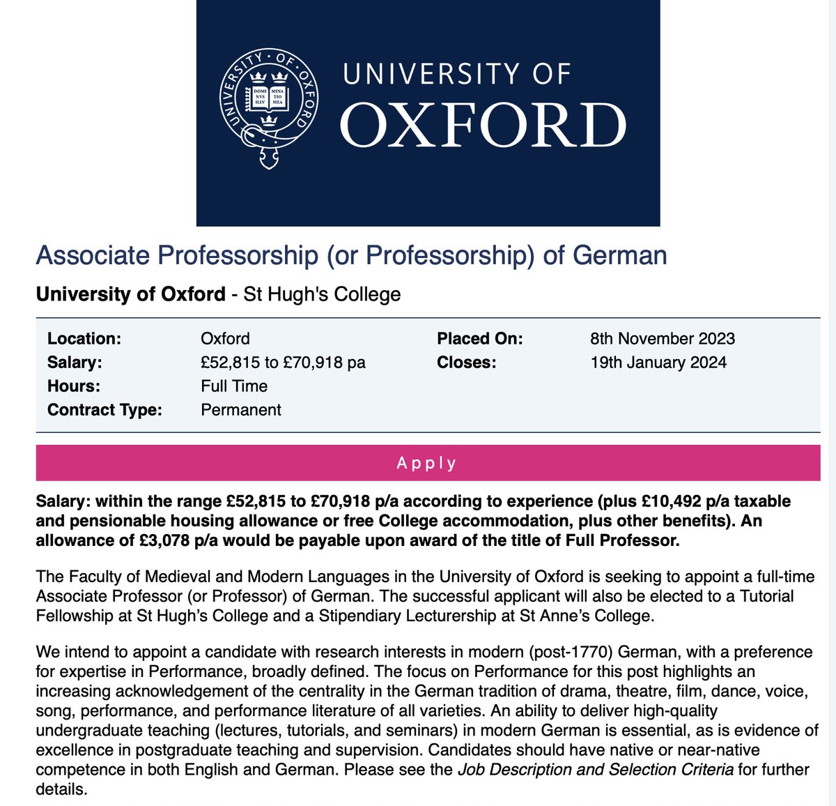 Exciting opportunity! Post @OxfordModLangs @StHughsCollege @StAnnesCollege for post-1770 German, expertise in Performance jobs.ac.uk/job/DDZ915/ass…