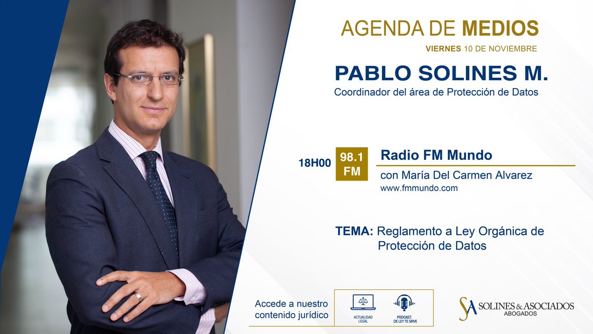 SolinesAbogados's tweet image. Hoy, no te pierdas la entrevista con @psolines, donde trataremos los principales aspectos que contiene el Reglamento General de la Ley Orgánica de Protección de Datos Personales en Ecuador que ya se ha emitido. @fmmundo #MariaDelCarmenAlvarez

#ProtecciónDeDatosEC