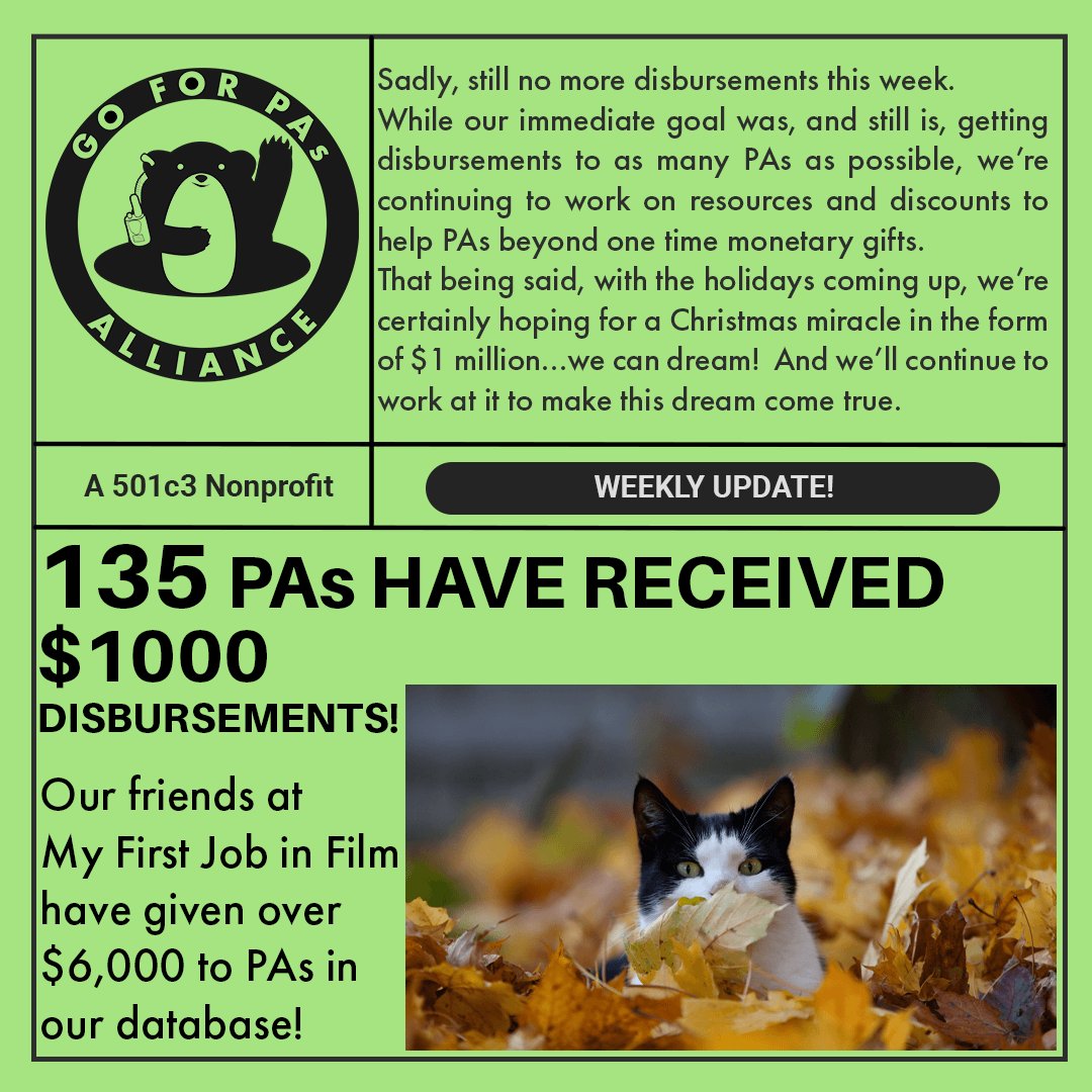 Your weekly update!

How to get more money to help the PAs?  We're always open to ideas and suggestions...or donations!

goforpasalliance.org

Hope everyone has a wonderful weekend!

#spreadkindess #wereallinthistogether #weallstartsomewhere #productionassistants