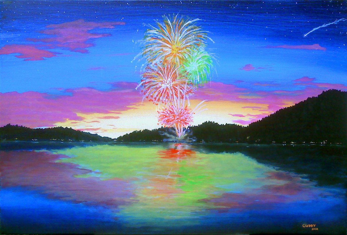 #FineArtFriday
Fireworks by Chris Cuddy (me). Acrylic on canvas. 24'x36'.   2010. 
.
This scene is from my first date with my wife. We watched fireworks over the lake as a brilliant shooting star lit up the sky. I went home and painted this in about 45 minutes.