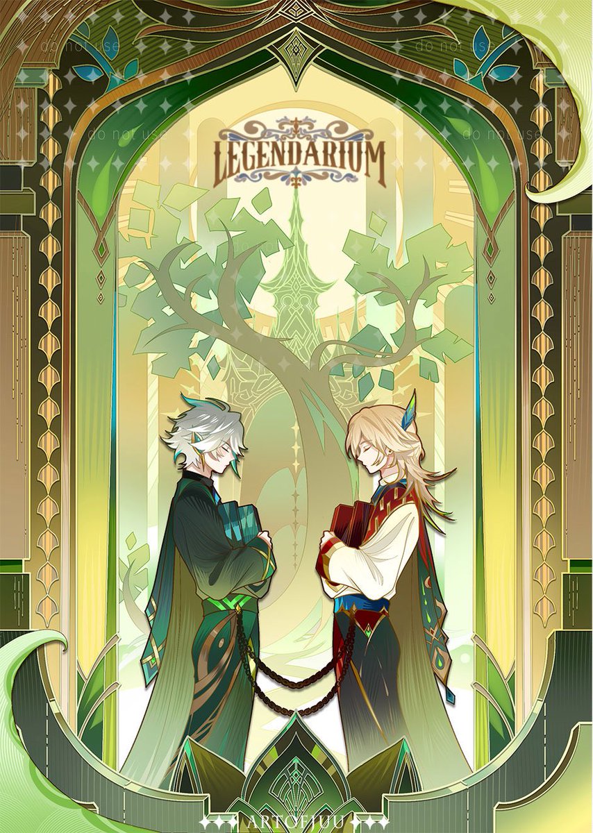 Artwork cover 1/2 for @mythicalteyvat 's Genshin myth & fairytale zine, featuring young Alhaitham and Kaveh 🌱🏛️ Thank you for the opportunity! :'D