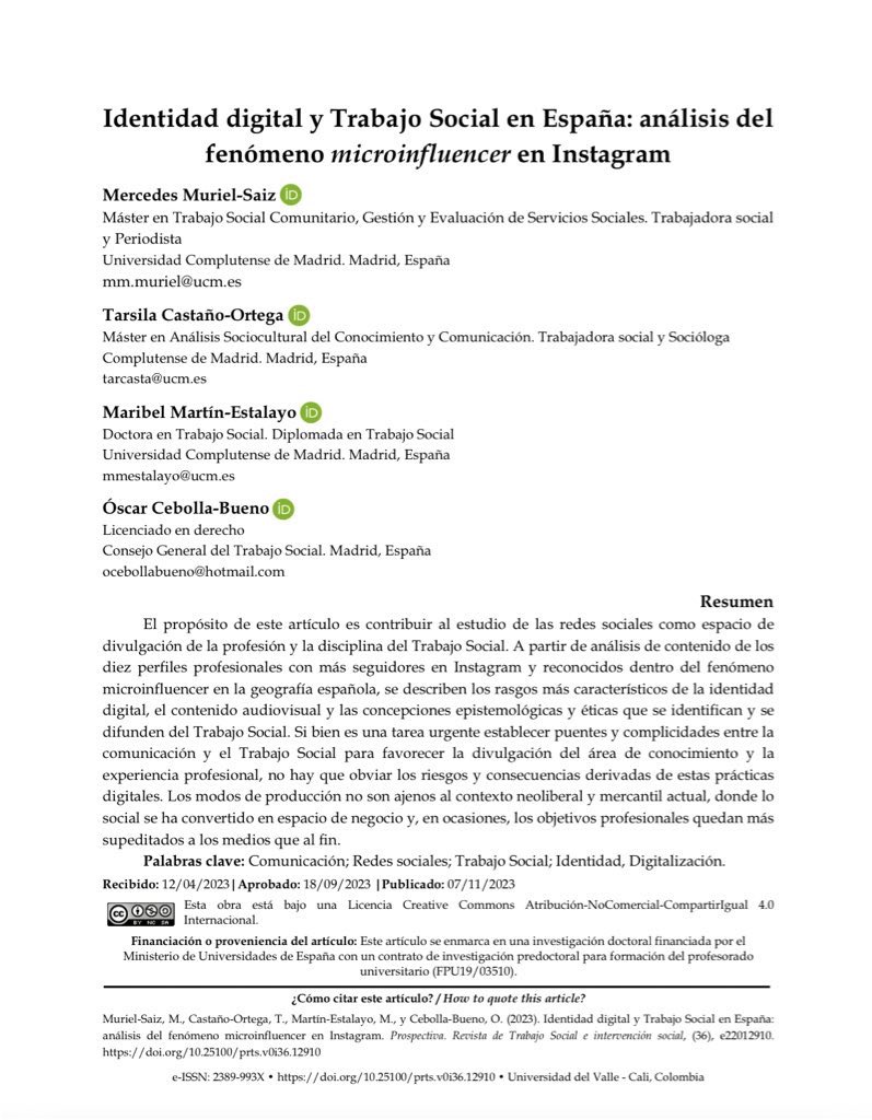 Os comparto en nuevo artículo que hemos publicado recientemente en el que analizamos la identidad profesional proyectada de los 10 perfiles de trabajadores/as sociales con más seguidores de IG. Esperamos que sea de interés para nuestra profesión. 
🔗 revistaprospectiva.univalle.edu.co/index.php/pros…