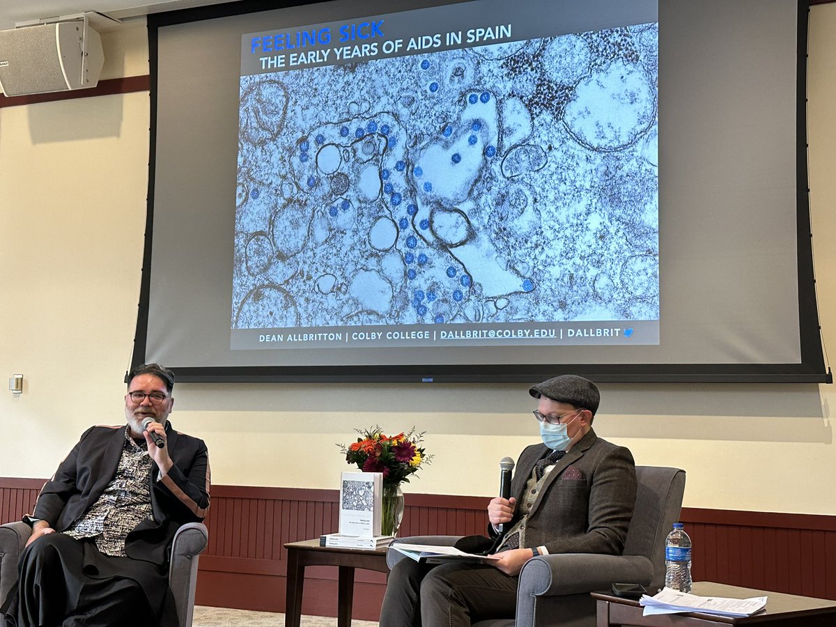 profspeculation's tweet photo. Fantastic book talk by @dallbrit on “Feeling Sick: The Early History of AIDS in Spain.” Among other things, the book furthers theories of our loved sense of history in the spirit of Raymond Williams. @CAHColby @ColbyCollege https://t.co/zp8TsfVjqL