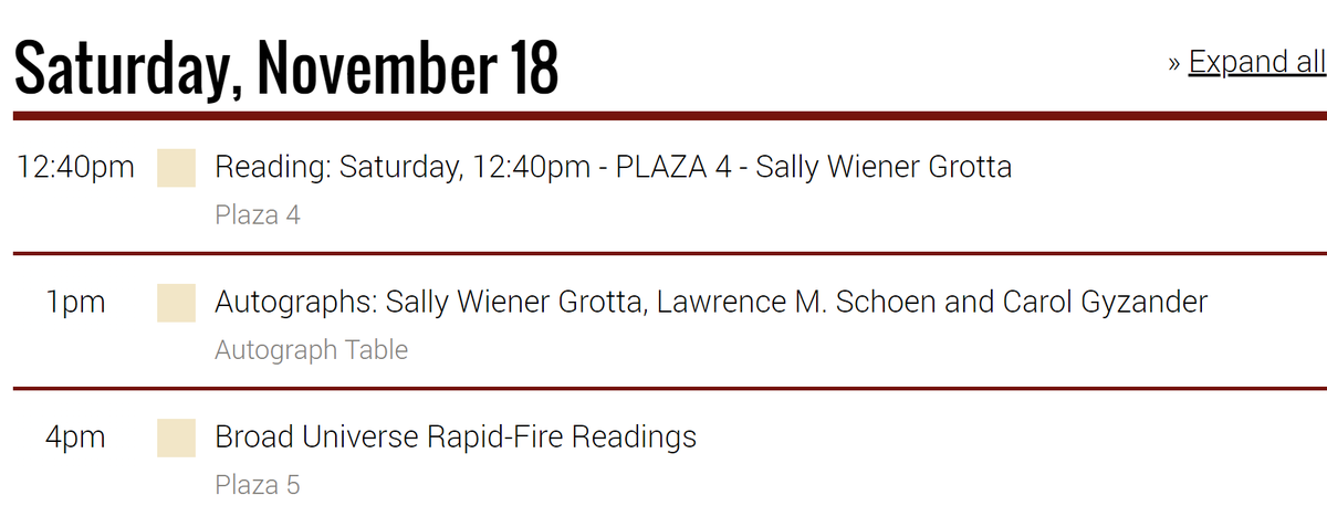 SallyWGrotta's tweet photo. My #Philcon schedule. So cool that I'll be sharing the autograph session w two of my favorite folks: @klingonguy and @CarolGyzander. Come say hello!
Please stop by for my reading on Saturday at 12:40, I'll read a selection from my new feminist sf collection "Of Being Woman." https://t.co/5ZS7StAp7i