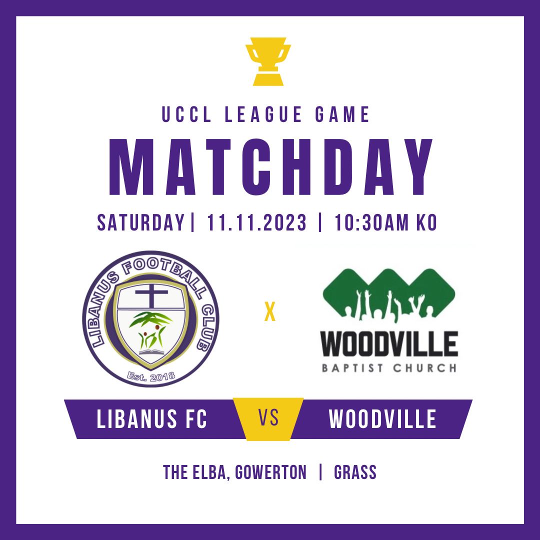 🚨 MATCHDAY!!🚨 

🟣 UCCL League Game 🟣

🆚 Libanus FC vs Woodville
📍 The Elba - Grass
⏰ 10.30am KO
🗓️ Saturday 11th November 2023
🏆 League Game

#UppaLibs 💜🤍💜