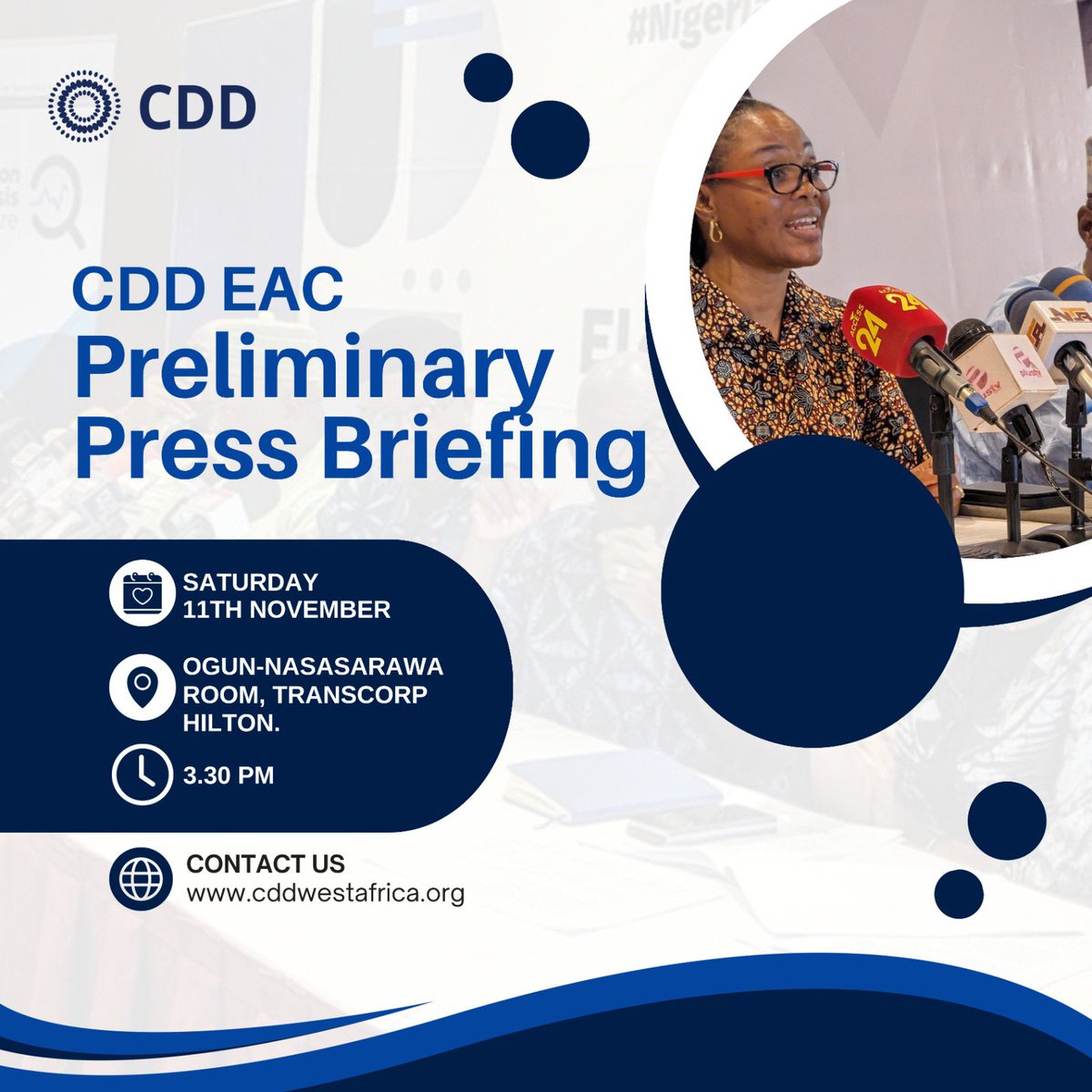 CDD WestAfrica will host a press briefing tomorrow the 11th of November, 2023, at Ogun-Nassarawa Hall at 3:30 PM to address the off-cycle elections in #Bayelsa, #Imo, and #Kogi.
#CDDEAC2023
#OffcycleElections