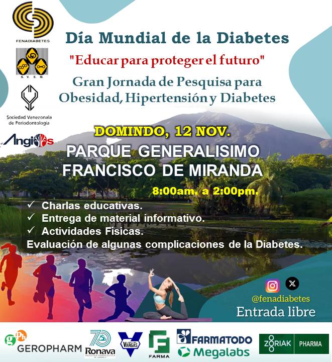 Fenadiabetes's tweet photo. Acompáñanos este domingo, 12 de Noviembre 2023 
 Parque Generalísimo Francisco de Miranda.

Y se parte de las actividades que se realizarían
Pesquisa para Obesidad, Hipertensión
-Charlas educativas.
-Entrega de material informativo.
- Actividades Físicas. https://t.co/mmEasq5bJZ