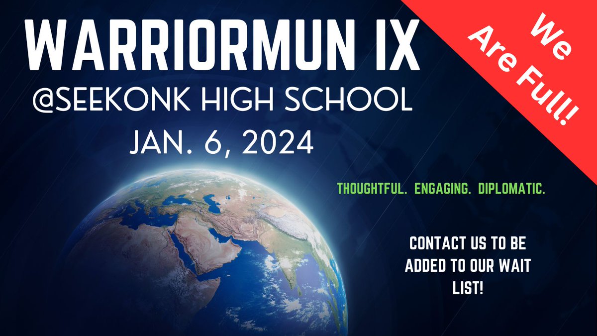 SeekonkModelUN's tweet photo. WarriorMUN IX is now FULL!  
Thank you to all the delegations who have registered!   If you would like to be added to our waiting list, please e-mail our Co-Secretary General Jayde Moniz at monizj1.2024@seekonkschools.org
@SeekonkHigh @SeekonkPS https://t.co/Goo41GPGZL