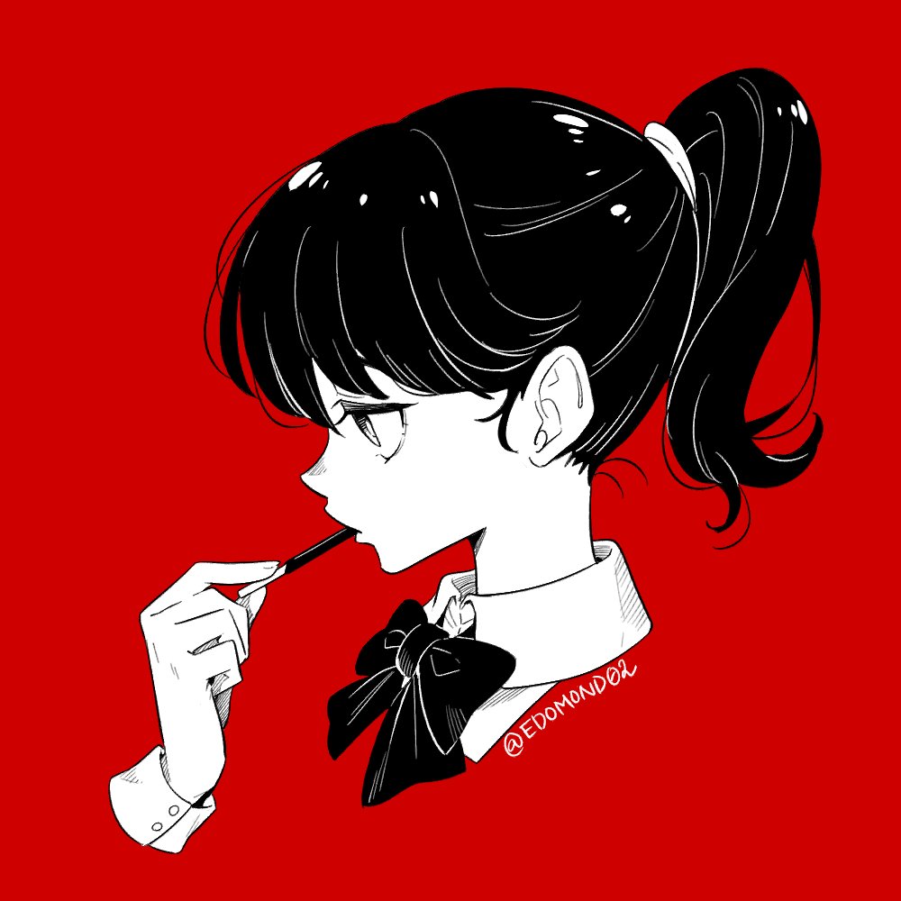 1girl ponytail solo food red background bow pocky  illustration images