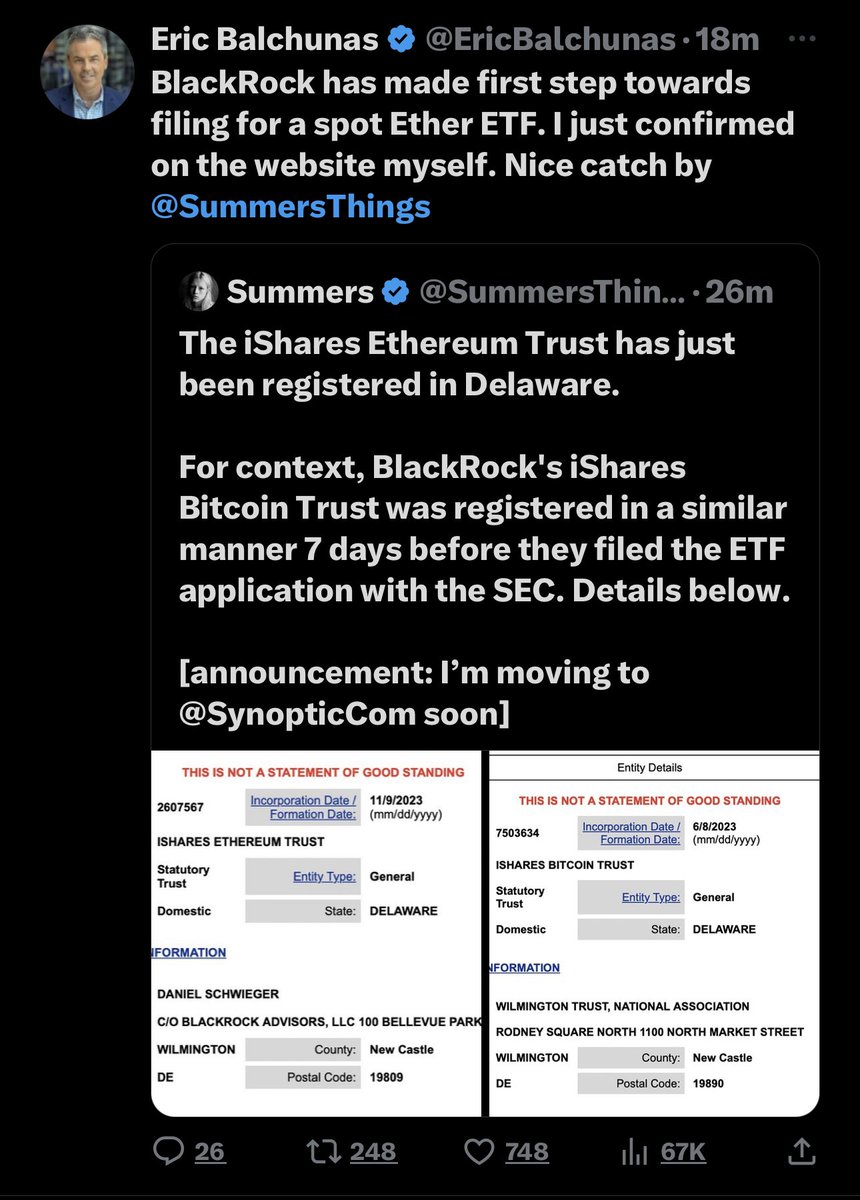 BlackRock đã đăng ký tên thương hiệu 'iShares Ethereum Trust' để có 'Ethereum Spot ETF'. Họ cũng đã nộp đơn cho 'Bitcoin Spot ETF'.