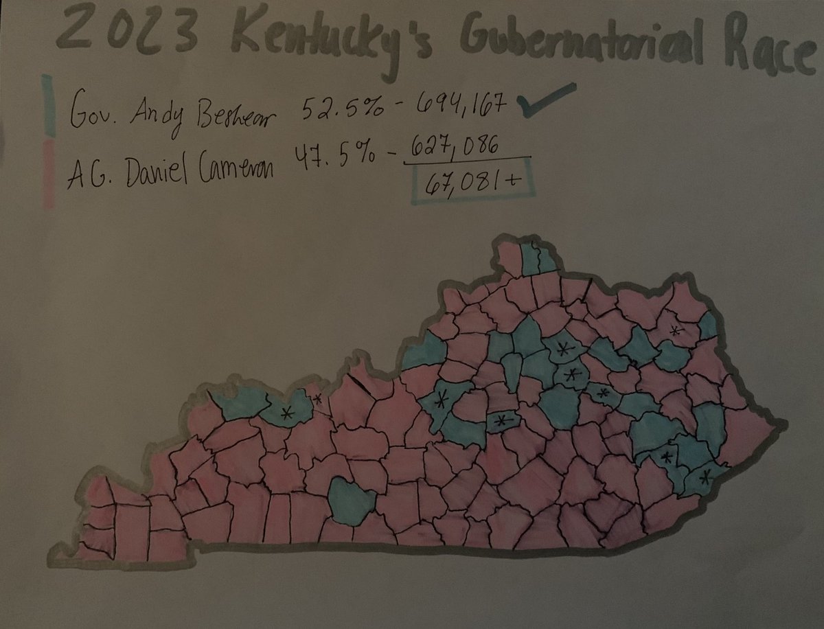 Hey y’all! Today I drew up a map for our gubernatorial race from this Tuesday! I indicated all 10 county flips by asterisks in the respective counties! #kygov