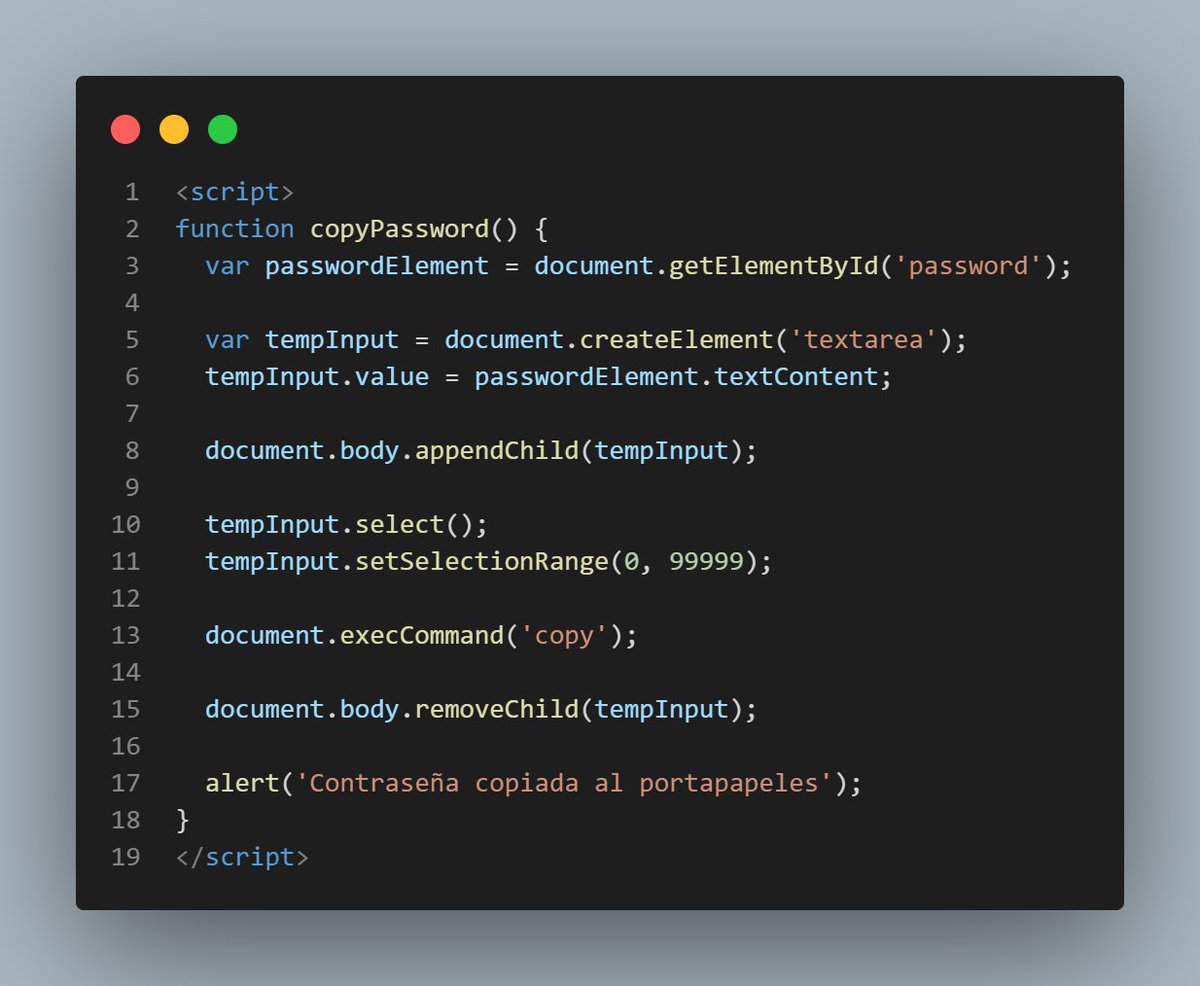 Jarez_Dev's tweet image. #100DaysOfCodepython #100DiasDeCodigo #pythoncode
Día 63 : Hice un generador de contraseñas en Python    con la librería  random. Añadí la función de copiar contraseñas al portapapeles usando  JavaScript y encontré ejemplos con la búsqueda &quot;copy to clipboard  javascript&quot;