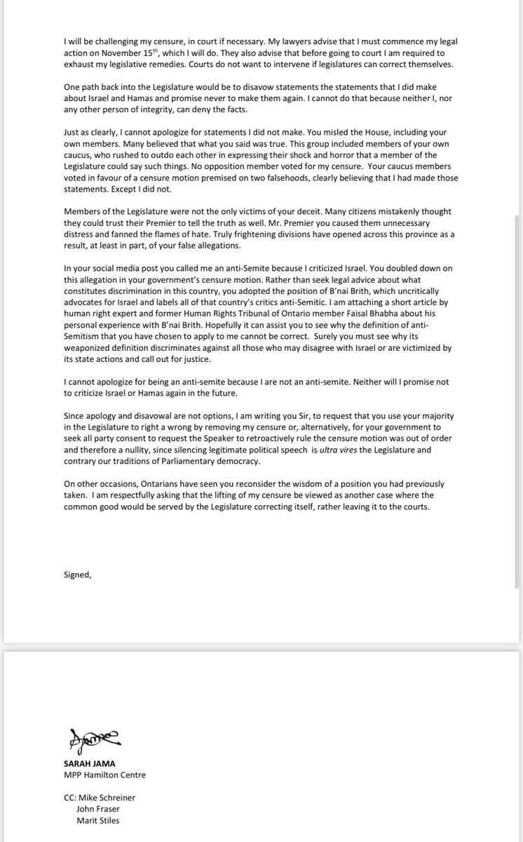 AhmarSKhan's tweet photo. MPP Sarah Jama has written to Ontario Premier Doug Ford asking him to walk back her being censured in the legislature — or else she will have to challenge it in the courts. https://t.co/8cUPSQl2tw
