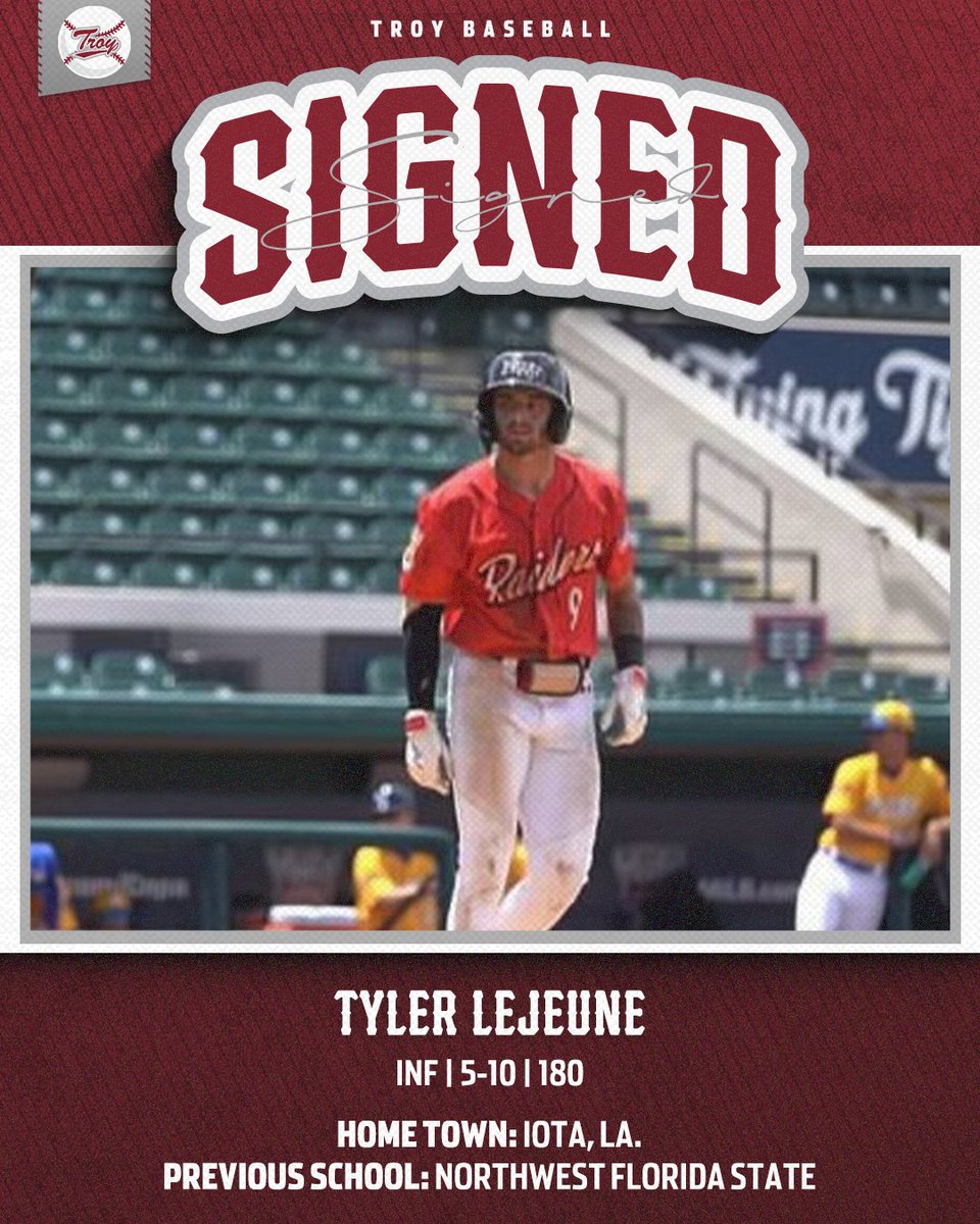 Raider⤵️
           Trojan

That's right, Tyler Lejeune is now a Troy Trojan👊

#BoysOfTroy 🛡️| #OneTROY ⚔️⚾️