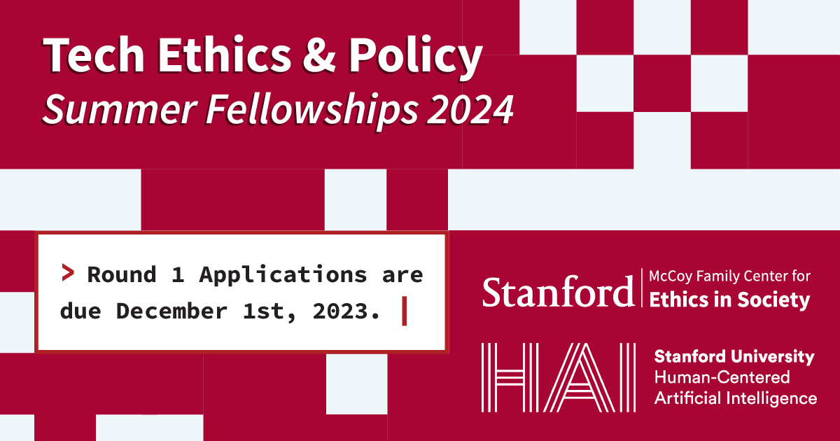 Stanford Ethics (@stanfordethics) on Twitter photo Join us on 11/14, 1-2 pm (Crown 320D) for an info session about the Tech Ethics & Policy Fellowships at #Stanford. Discover how you can make an impact in tech, policy, and society. Learn more: stanford.io/49b4CLq <a href="/StanfordHAI/">Stanford HAI</a> #TechEthics Join us on 11/14, 1-2 pm (Crown 320D) for an info session about the Tech Ethics & Policy Fellowships at #Stanford. Discover how you can make an impact in tech, policy, and society. Learn more: stanford.io/49b4CLq <a href="/StanfordHAI/">Stanford HAI</a> #TechEthics