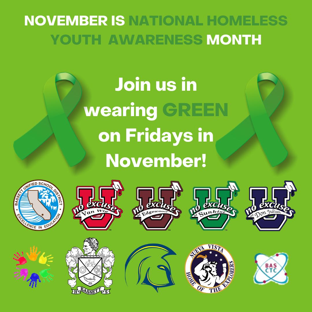 Let's come together this November to raise awareness for homeless youth. Wear green on Friday and find valuable resources for support at this link: bit.ly/3MBQfWR
#BUSDProud
#bhsbusd #djbusd #ewbusd #skbusd #tmsbusd #vwbusd #nvhsbusd