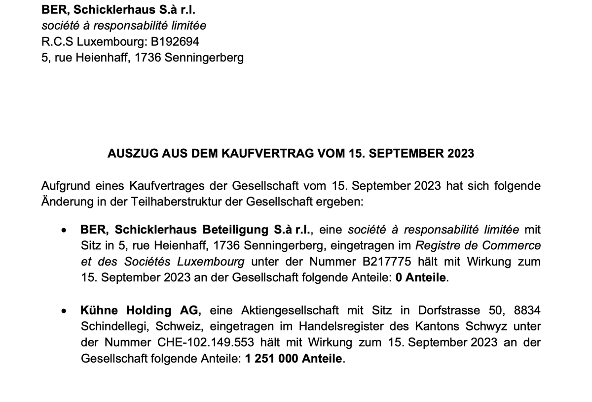 t_stoneman's tweet photo. Zu den Fakten: Nach dem Verkauf von 50 Prozent am Projekt Beam (Schicklerhaus) an Kühne im Mai 2023 unterschrieb man den Kaufvertrag für die andere Hälfte bereits am 15. September 2023, wie das Handelsregister in Luxemburg zeigt. Da war #Geiwitz noch nicht mal an Bord 2/2 https://t.co/9XRFJTQw83