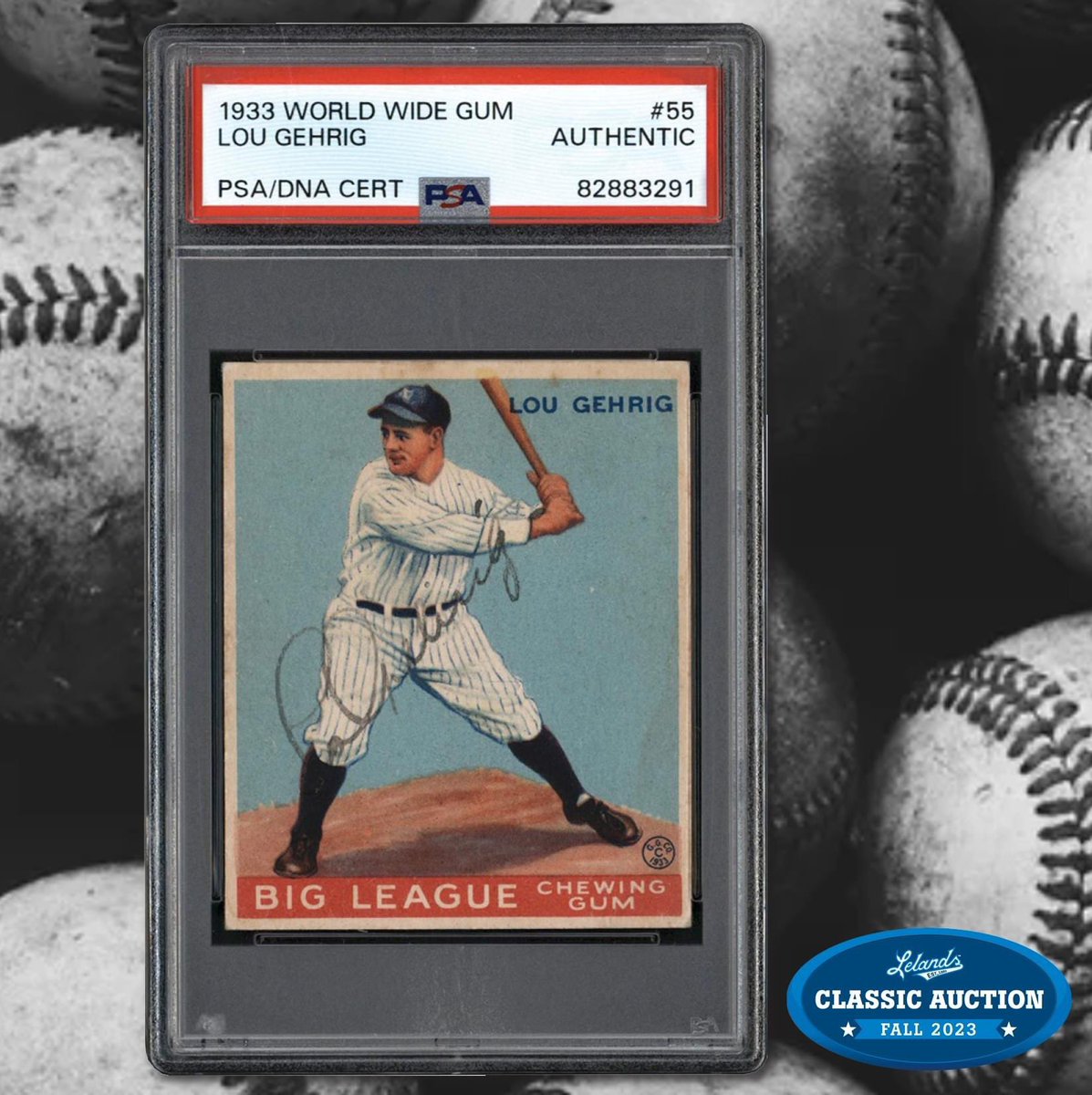 The only known 1933 World Wide Gum #55 Lou Gehrig Signed Card, authenticated by PSA/DNA as 'AA: Authentic Altered,' is up for grabs in the Lelands Fall Classic Auction. This iconic card features Gehrig's bold signature and comes with a JSA LOA. lelands.com