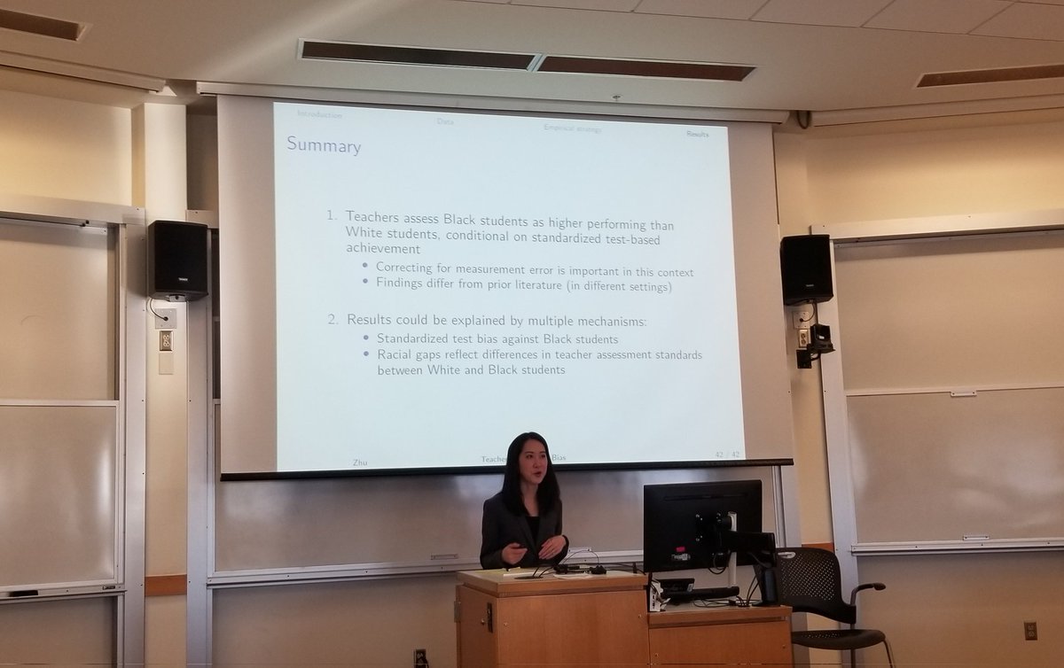 Really excited we had <a href="/mariabzhu/">Maria Zhu</a> out to share her research with us at <a href="/giesbusiness/">Gies Business</a> this week! Maria compares teachers' assessments of Black and White students to standardized test scores and finds some interesting results!