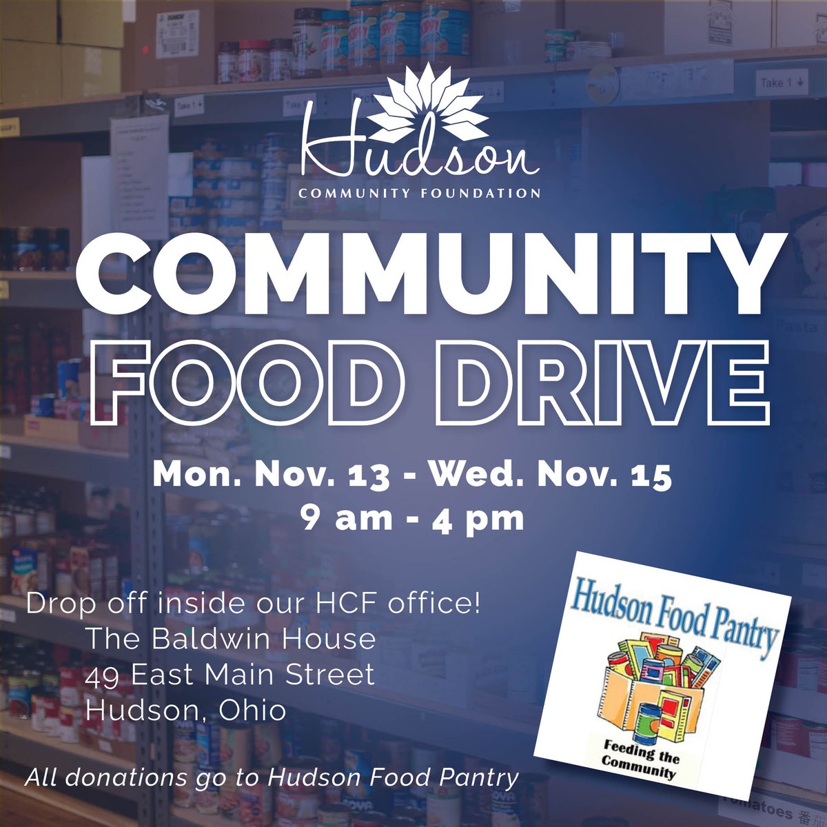 Hudson residents - let's stock the shelves of our local food pantry!  Help your neighbors in need during Nat'l Community Foundation Week and Philanthropy Day! <a href="/LearningHudson/">Hudson Service Learning</a> <a href="/hudsonohschools/">Hudson City Schools</a>  #hudsonohio #community