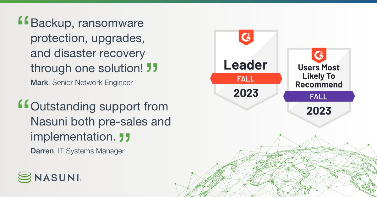 Nasuni's tweet image. Nasuni&apos;s honored to have received two badges in the 2023 @G2dotcom Fall Report in the #CloudFileStorage category!

1. Leader in Cloud File Storage
2. Users Most Likely to Recommend in Cloud File Storage

Want to leave us a review? Head to @Nasuni&apos;s G2 page bit.ly/3ZSVbMy