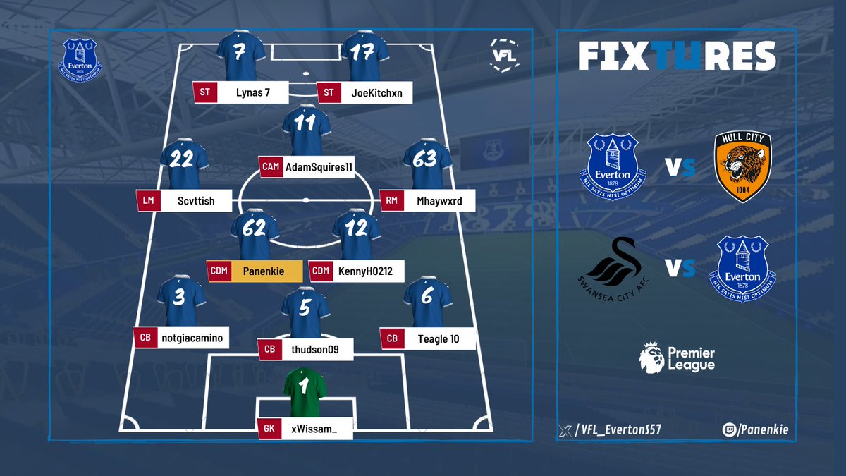 🔵 VFL Everton 🔵

Line-Up for Tonight games in <a href="/TheVFL_/">VFL</a> !

🏆 I Prem 🏴󠁧󠁢󠁥󠁮󠁧󠁿 
🆚️ I Hull City

🏆 I Prem 🏴󠁧󠁢󠁥󠁮󠁧󠁿
🆚️ I Swansea City

6 points, nothing less 🔥
Goodluck to our opponents 🤝

📺twitch.tv/panenkie
#FC24 
<a href="/proclubs_weekly/">Pro Clubs Weekly</a>