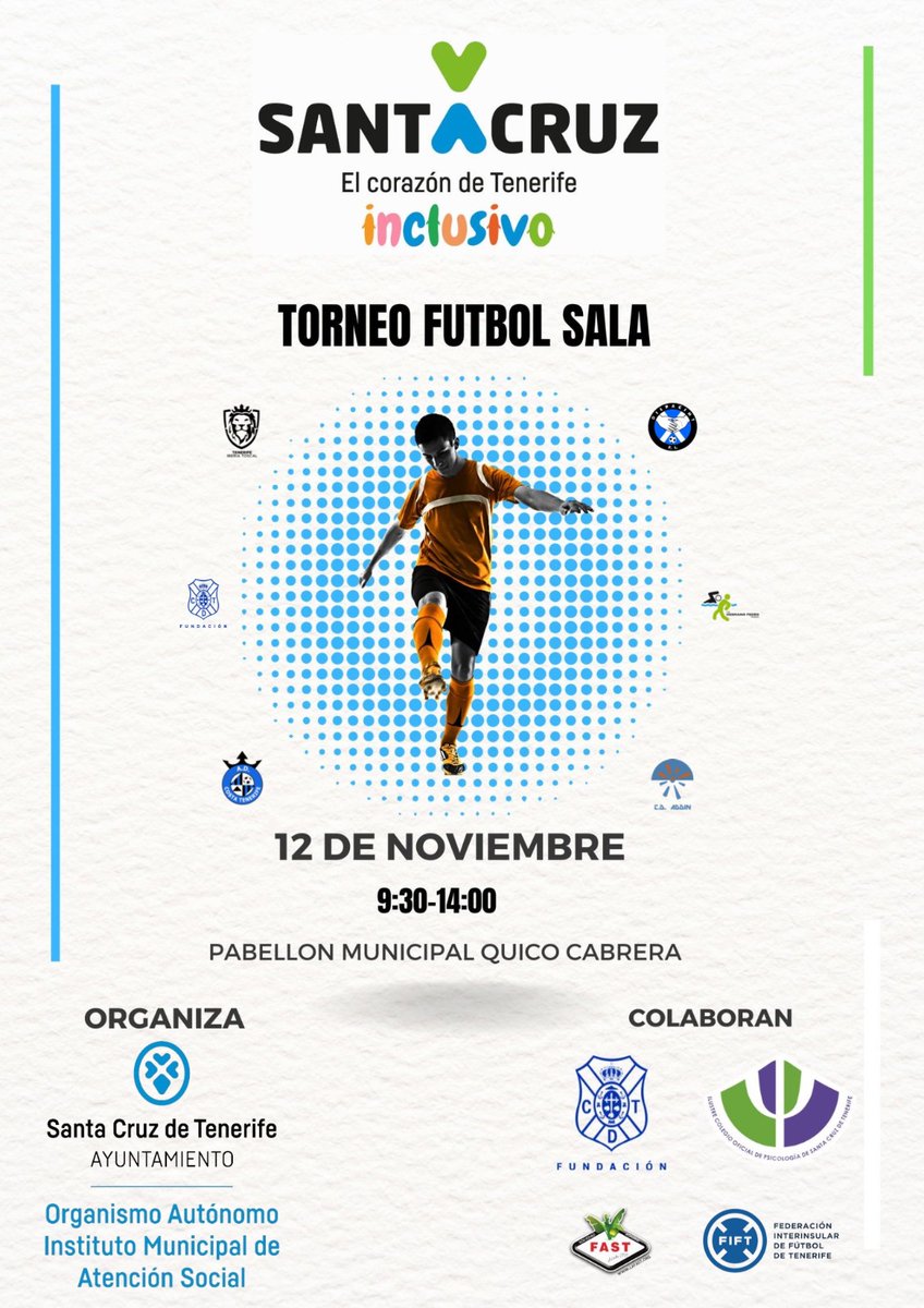 La #FundaciónCDT colaborará y participará en el próximo #TorneoFútbolSalaInclusivo, organizado por el <a href="/santacruz_ayto/">Ayuntamiento de Santa Cruz de Tenerife</a>, que tendrá lugar el domingo, 12 de noviembre, en el Pabellón Municipal Quico Cabrera, en horario de 9:30 a 14:00 horas.