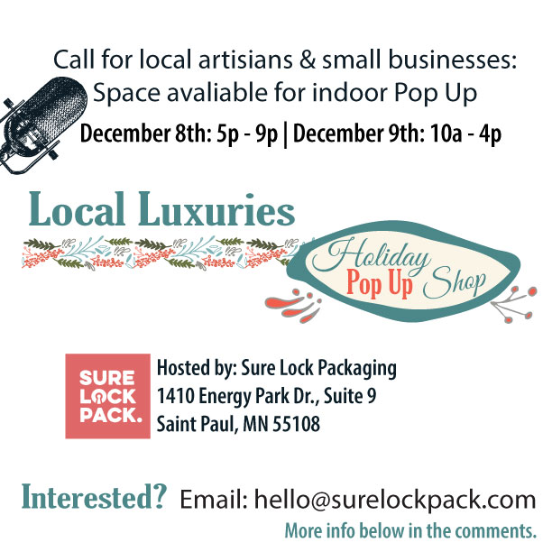 SureLockPack's tweet image. Join us for Local Luxuries: Holiday Pop Up Shop!  If you work hard at your craft, we would love to have you join us!  Space is limited and filling up- reach out if you are interested! #ShopSmall #localartists #holidaypopup #localluxuries #surelockpack