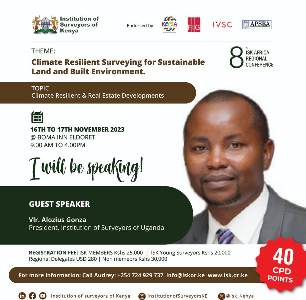 Alozius Gonza (@aloziusgonza) on Twitter photo The Conversations on climate change and climate resilience are topical especially at a time when Africa is experiencing weather extreme with little copping mechanisms. As professional, we join in the conversation. See you in Eldoret. <a href="/PresidentofISUg/">ISU President Gonza</a> <a href="/SurveyorsofUG/">Institution of Surveyors of Uganda</a> <a href="/isk_kenya/">The Institution of Surveyors of Kenya</a> The Conversations on climate change and climate resilience are topical especially at a time when Africa is experiencing weather extreme with little copping mechanisms. As professional, we join in the conversation. See you in Eldoret. <a href="/PresidentofISUg/">ISU President Gonza</a> <a href="/SurveyorsofUG/">Institution of Surveyors of Uganda</a> <a href="/isk_kenya/">The Institution of Surveyors of Kenya</a>