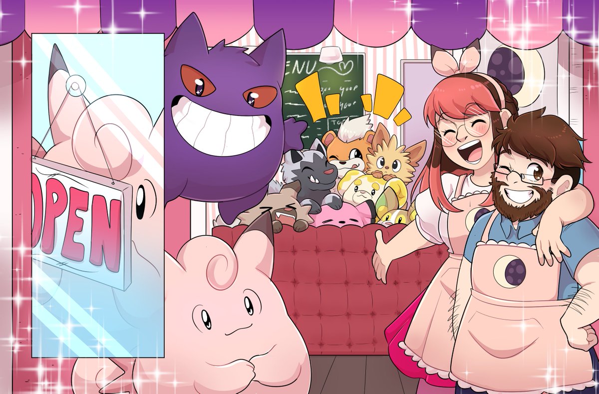 🐾Welcome to the Moonstone PokeDog Cafe!!🐾
My comic done for <a href="/XOrdinaryZine/">Extra Ordinary Zine - Vol 2 Delayed to 2025!</a>! Featuring mine and <a href="/skellemancer/">🏳️‍🌈 jax 💀 @HAPPY PRIDE!! - bIm 🇵🇸</a>'s trainersonas and their average morning routine 💕 (hey wait, clefable's taking off with breakfast again!!) #pokemon #gengar