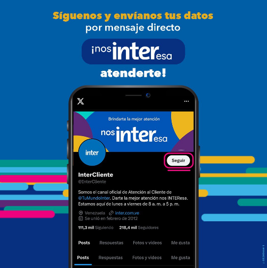 InterCliente's tweet image. Evita contratiempos, síguenos y no olvides enviarnos por DM tus datos. 

Visitanos a nuestra cuenta X (antes Twitter)
@InterCliente

#InterCliente