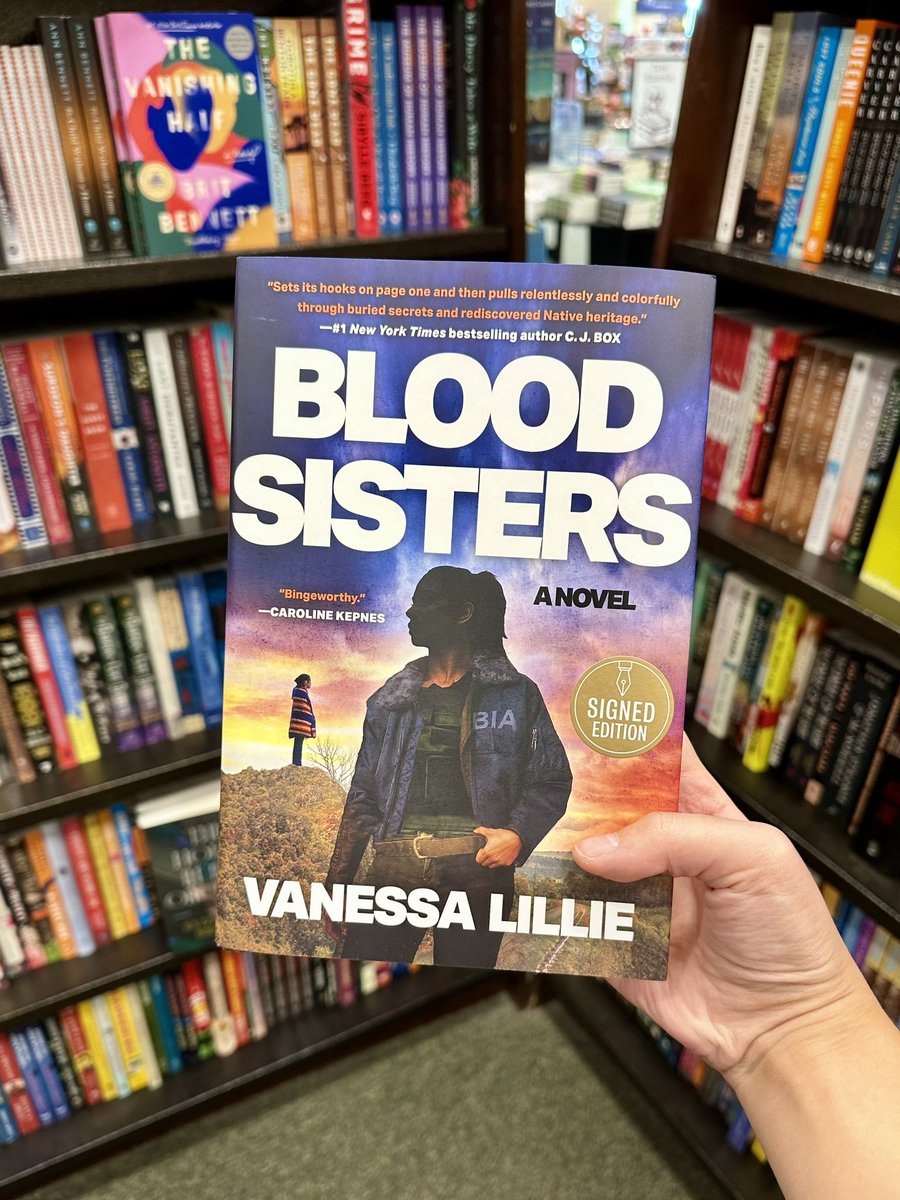 BNEagan's tweet photo. Looking for a weekend read? 📚 Bookseller Monica recommends Blood Sisters by Vanessa Lillie (who is an enrolled member of the Cherokee Nation)!
Come pick you a copy for yourself, we’re open 9am-9pm today! ✨ @vanessalillie https://t.co/xvgE2AfbJZ
