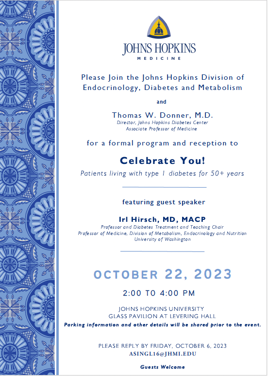Our @HopkinsMedicine #DiabetesCenter hosted a hugely successful celebration for pts with #T1D for 50+ yrs, w/ >130 in attendance! Special 🙏 to guest speaker Dr. Hirsch @UWEndocrinology! Checkout the beautiful video with our patients' stories! 👉 youtube.com/watch?v=oXS9BA…