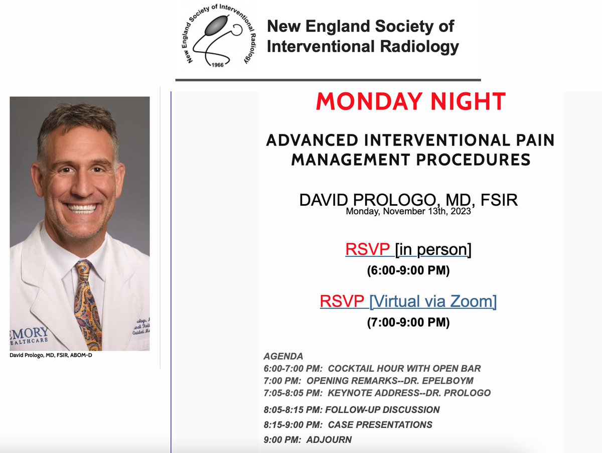NESIR (@nesir1966) on Twitter photo Happening on Monday: learn from the "pain interventionalist" himself Dr. Prologo (<a href="/jdprologo/">J. David Prologo, MD, FSIR, ABOM-D</a>) either in-person (tinyurl.com/inpersonnesir) or virtually (tinyurl.com/nesirzoom) <a href="/SIRspecialists/">Society of Interventional Radiology</a> <a href="/SIRRFS/">SIR RFS</a> #medtwittIR #pain Happening on Monday: learn from the "pain interventionalist" himself Dr. Prologo (<a href="/jdprologo/">J. David Prologo, MD, FSIR, ABOM-D</a>) either in-person (tinyurl.com/inpersonnesir) or virtually (tinyurl.com/nesirzoom) <a href="/SIRspecialists/">Society of Interventional Radiology</a> <a href="/SIRRFS/">SIR RFS</a> #medtwittIR #pain