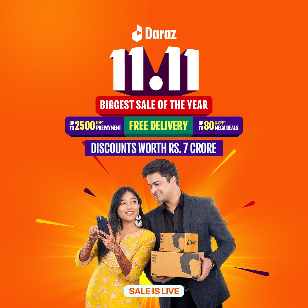 Daraz 11.11 has officially kicked off! Enjoy Up to Rs. 2500 off* on prepayment, Free Delivery, and Up to 80% off* in Mega Deals! Oh, and did we mention we've got discounts totaling Rs. 7 crore?

#DarazNP #DarazNP1111 #BiggestSaleOfTheYear #Daraz1111 #KinauSabbaiDarazMai