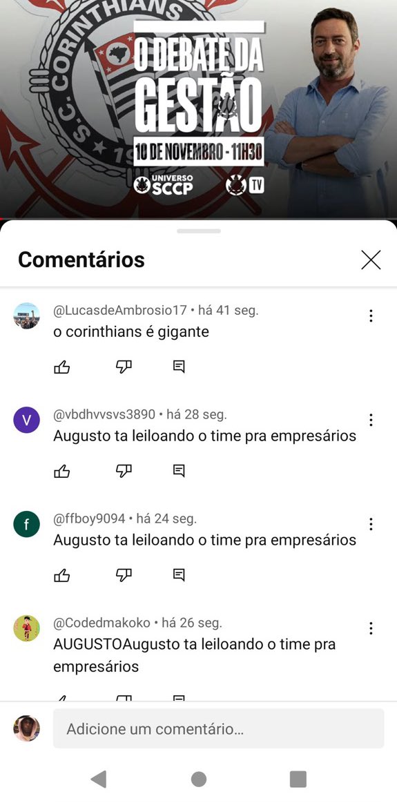 _sccpnews's tweet photo. ⚫️⚪️ | Durante o “Debate da Gestão de Duílio” diversos “bots” (robôs que executam de forma automática tarefas pré-definidas) foram utilizados para atacar o candidato da oposição, Augusto Melo.

Todos os robôs enviavam a mesma frase no bate-papo da transmissão:

“Augusto Melo está leiloando o time para empresários”

📸 | Divulgação