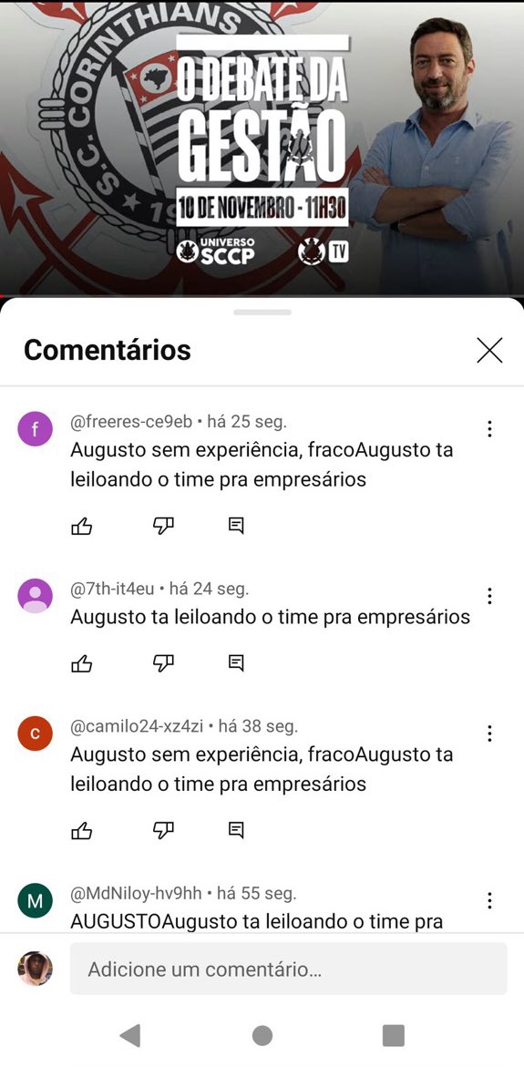 _sccpnews's tweet photo. ⚫️⚪️ | Durante o “Debate da Gestão de Duílio” diversos “bots” (robôs que executam de forma automática tarefas pré-definidas) foram utilizados para atacar o candidato da oposição, Augusto Melo.

Todos os robôs enviavam a mesma frase no bate-papo da transmissão:

“Augusto Melo está leiloando o time para empresários”

📸 | Divulgação