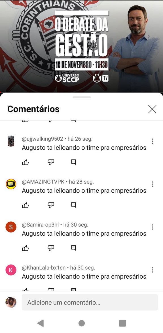_sccpnews's tweet photo. ⚫️⚪️ | Durante o “Debate da Gestão de Duílio” diversos “bots” (robôs que executam de forma automática tarefas pré-definidas) foram utilizados para atacar o candidato da oposição, Augusto Melo.

Todos os robôs enviavam a mesma frase no bate-papo da transmissão:

“Augusto Melo está leiloando o time para empresários”

📸 | Divulgação