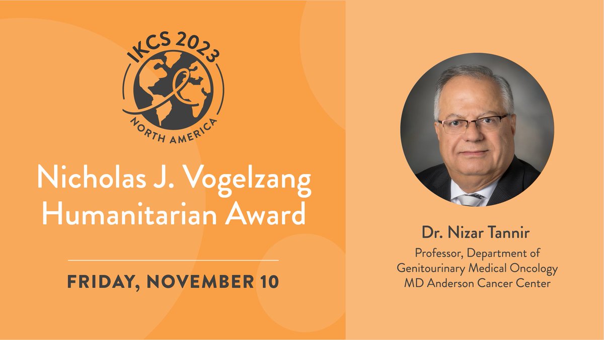 The KCA is proud to present Dr. Nizar Tannir @MDAndersonNews with this year's Nicholas J. Vogelzang #Humanitarian Award. Congratulations Dr. Tannir, and thank you for all you do for the #kidneycancer community. 🧡 #IKCSNA23 #kidneycancer #patientadvocate