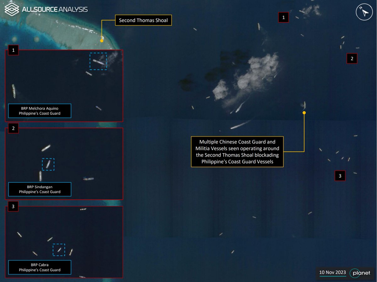 GEOINT analysis reveals a maritime blockade of multiple Philippine Coast Guard Vessels enroute to the Second Thomas Shoal in the South China Sea. bit.ly/2oeCGCj #GEOINT #China #Philippines #SecondThomasShoal #VesselTracking #MaritimeMonitoring