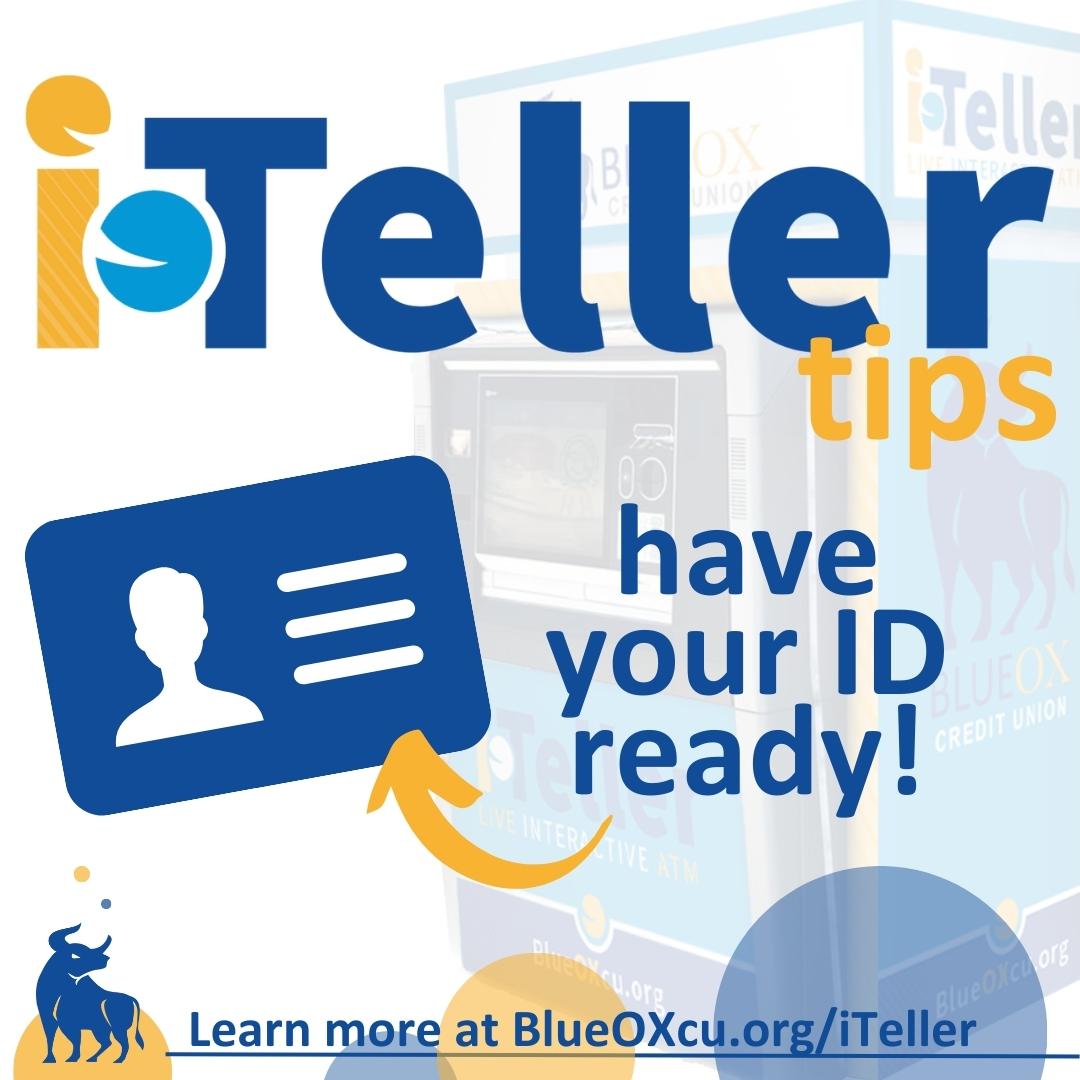 BlueOxCU's tweet image. Top iTeller Tip! 💡

Have your ID ready to go when using our ITMs. Our iTeller Specialists will use this to verify your account before moving forward with your transaction. 💳 Learn more about our iTeller Machines at hubs.ly/Q028nTg-0. #TopTip #iTeller #DigitalBanking