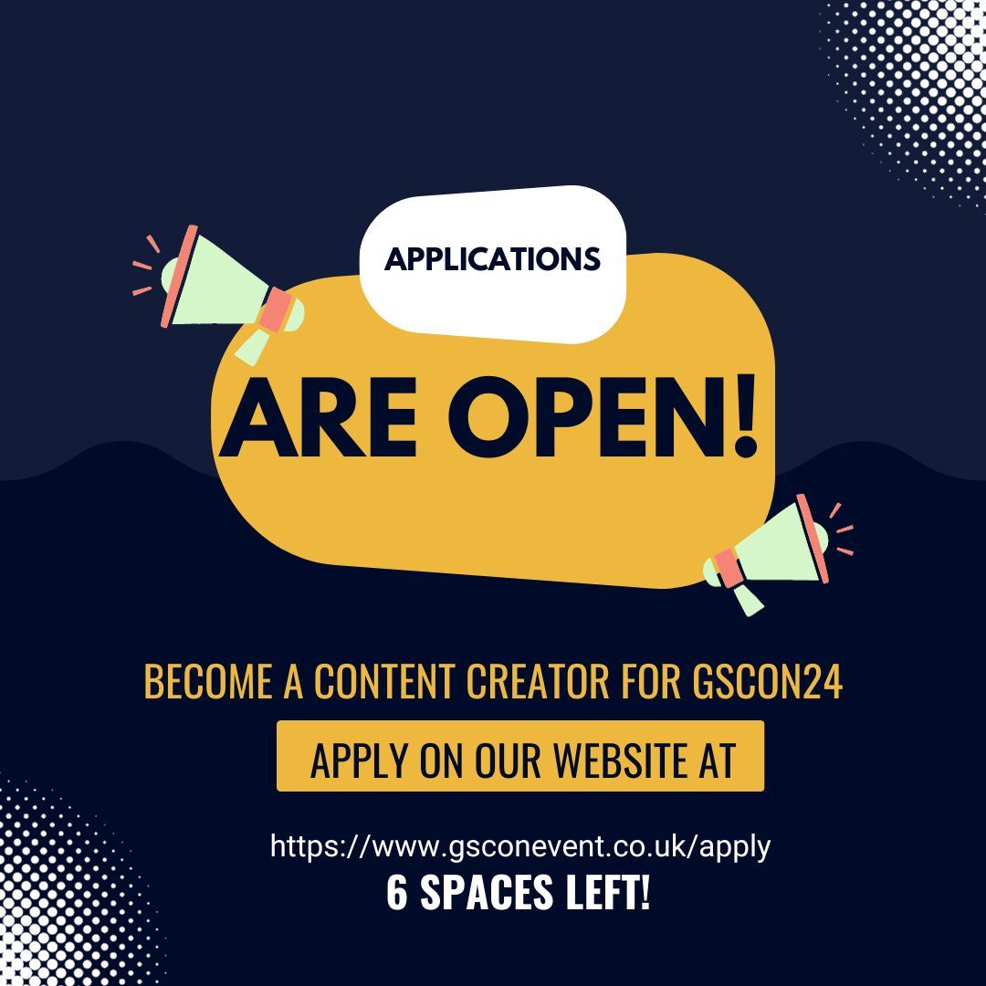 Evening everyone, just a reminder that we have our content creator applications for GSCON24 on our website!
The form to apply is on the website and it lists all the lovely benefits too. 
We do only have 6 spaces left, so you need to act quickly, happy applying! 
#gscon24 #gscon